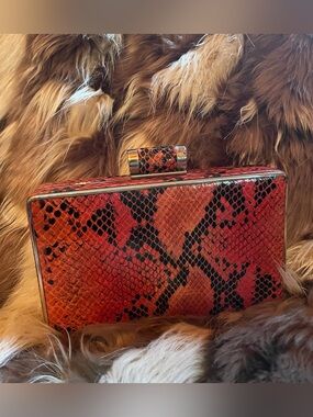 JNB Orange and Black Snakeskin box Clutch 7”x4.5”